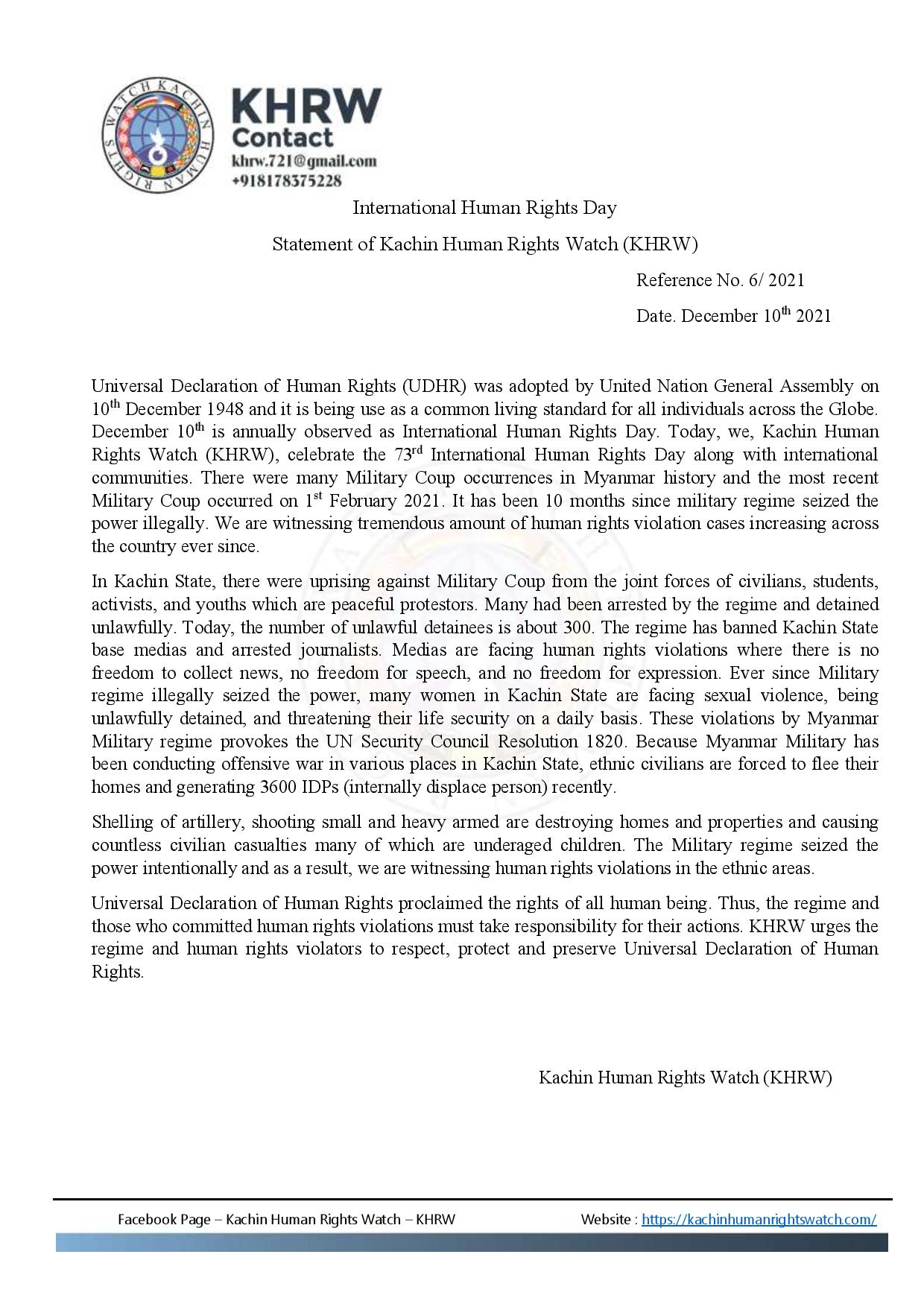 International Human Rights Day Statement of Kachin Human Rights Watch (KHRW)