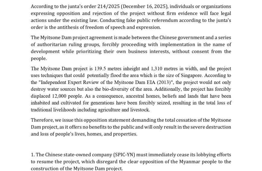 Joint Statement of Opposition to efforts to resume the Myitsone Dam Project by 49 Civil Society Organizations and Kachin residents